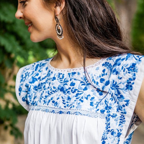Mi Golondrina Tops - Mi Golondrina Blue & White Cielo Mexicano Flores Blouse - Size Small
